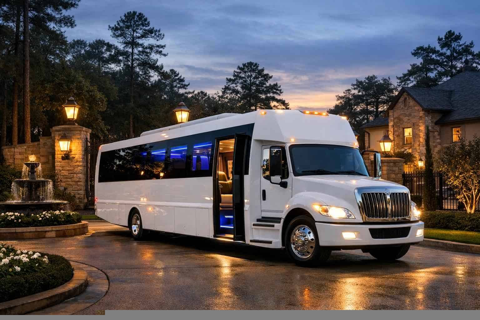 Luxury White Party Bus Rental in Kingwood Texas