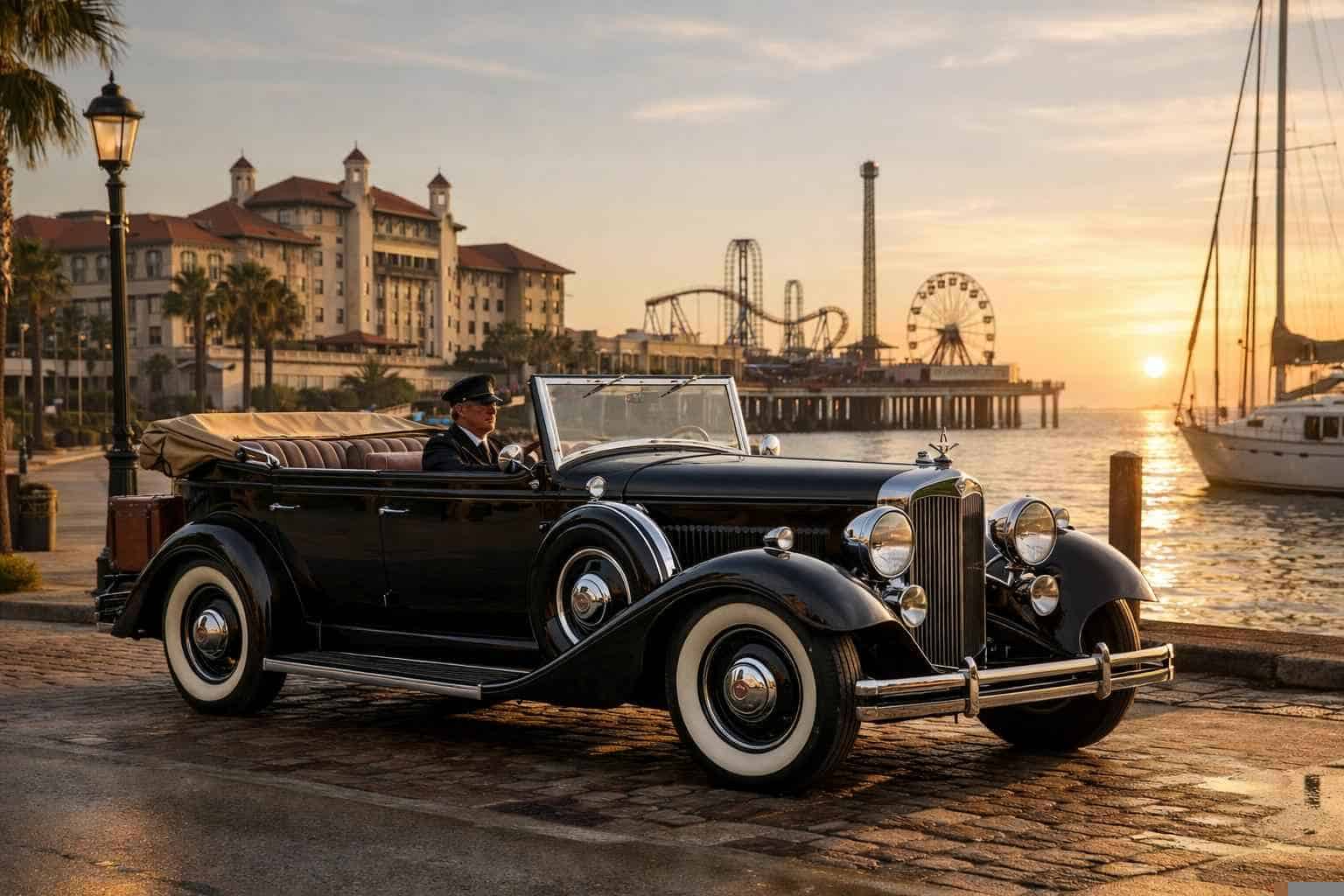 Antique Vehicles with Driver in Galveston Texas