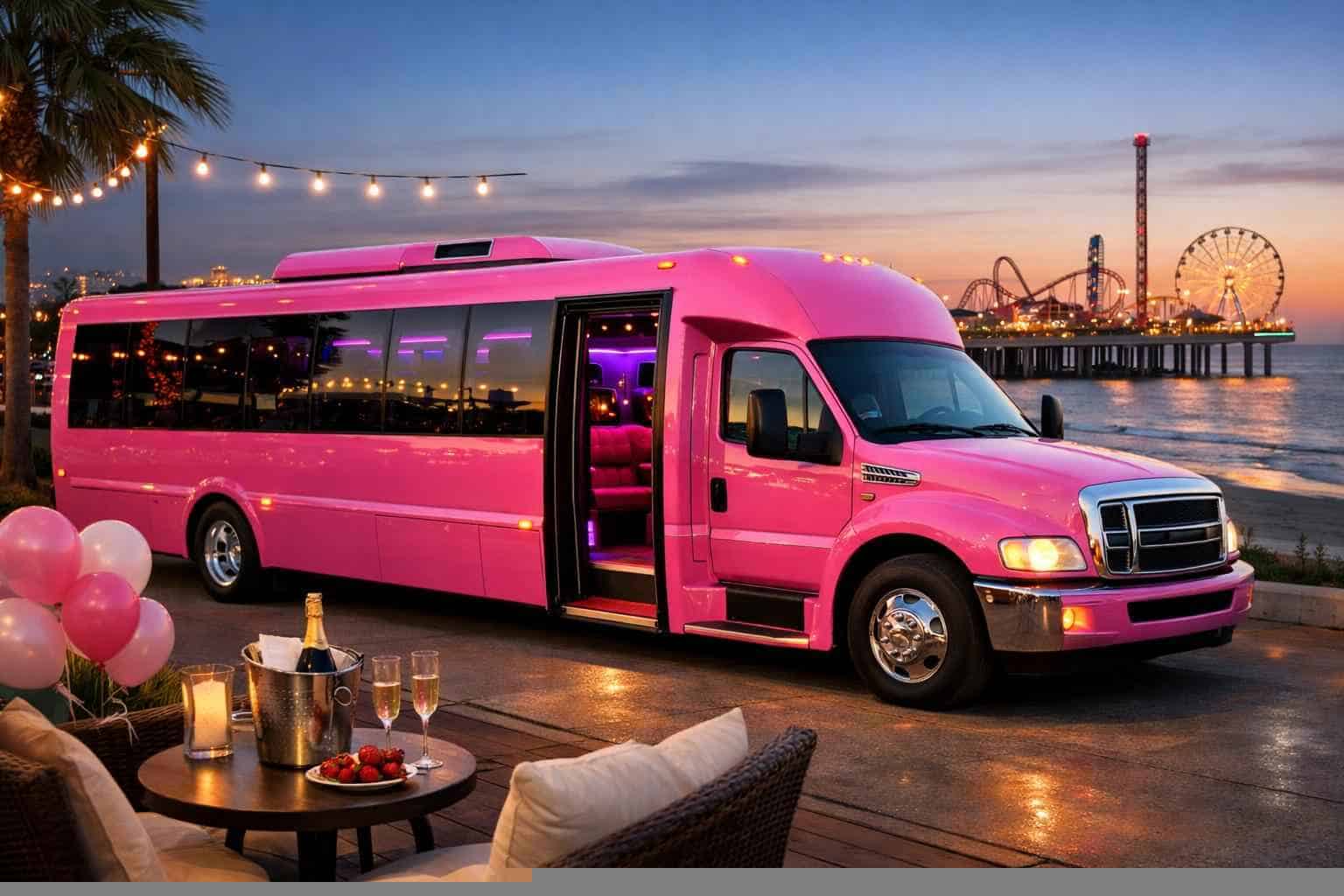 Luxury Pink Party Bus Rental in Galveston Texas