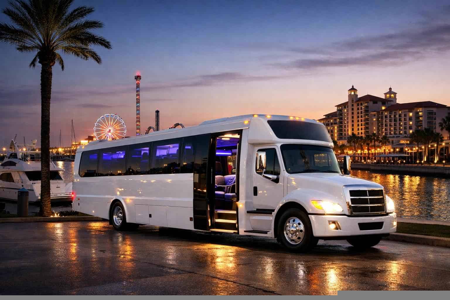 Luxury White Party Bus Rental in Galveston Texas